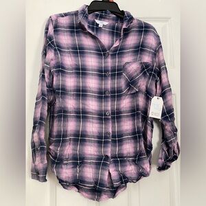 Time and Tru Pink and Navy Plaid Shirt